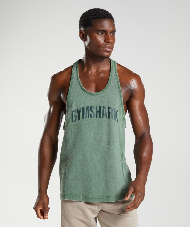 Men\'s Gymshark Power Washed Stringer Tanks Green | NZ 7OPDGQ